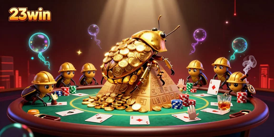 Experience thrilling gameplay with 23win's dynamic casino-themed 3D illustration featuring golden beetles and vibrant poker elements.