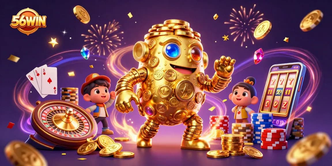 Experience the thrill with 56WIN's golden golem amidst sparkling casino elements and festive confetti.