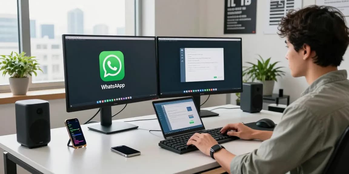 Developer using WhatsApp電腦版 on multiple screens in a modern tech workspace.