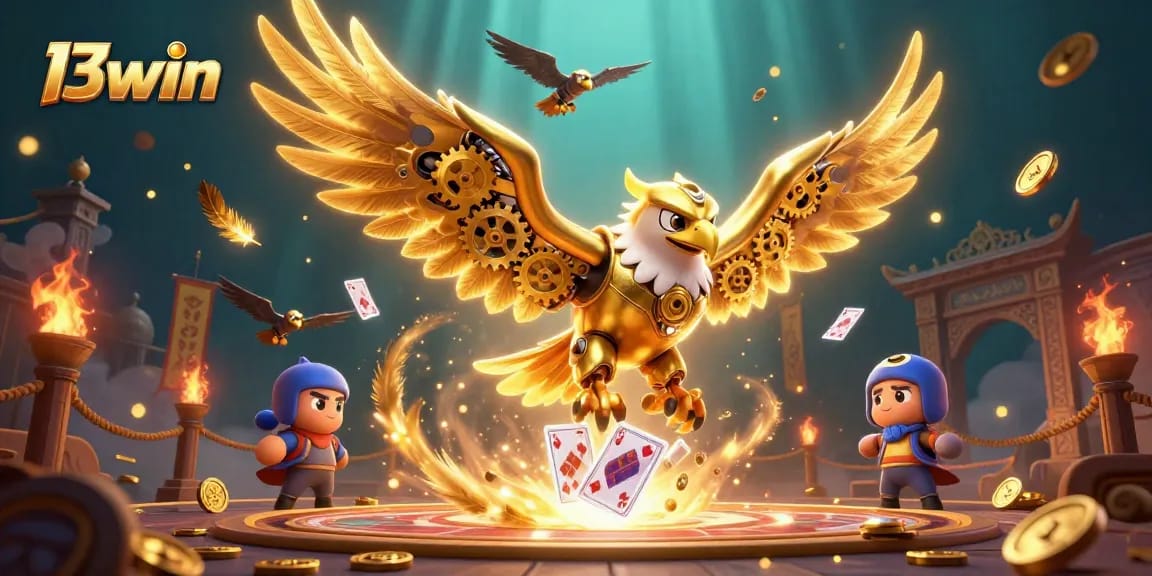 Experience thrilling gameplay at 13win with a cybernetic eagle amidst vibrant casino elements.