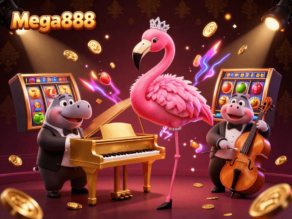 Bermain mega888 dengan pelbagai simbol nasib dan jackpot dalam suasana kasino yang meriah.