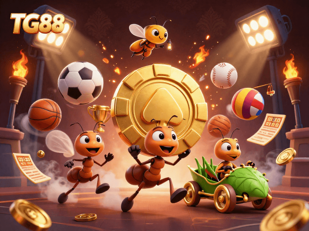 TG88 casino heist scene with ants, golden poker chip, and dynamic sports elements.