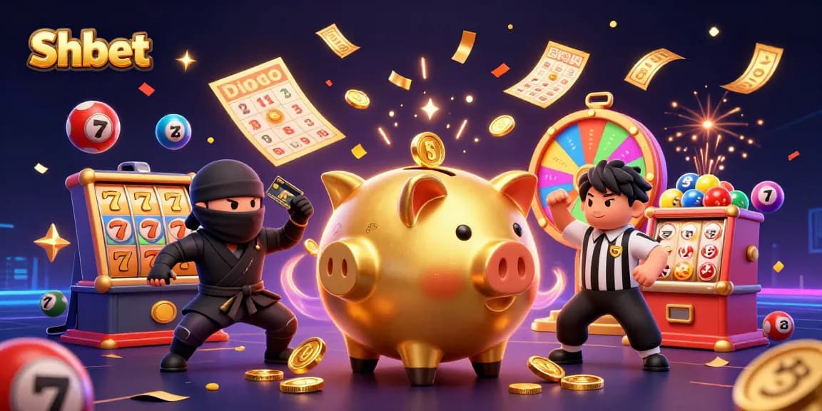 Engage in thrilling gameplay at Shbet with a vibrant illustration of a legendary piggy bank sumo wrestler amidst dynamic casino elements.