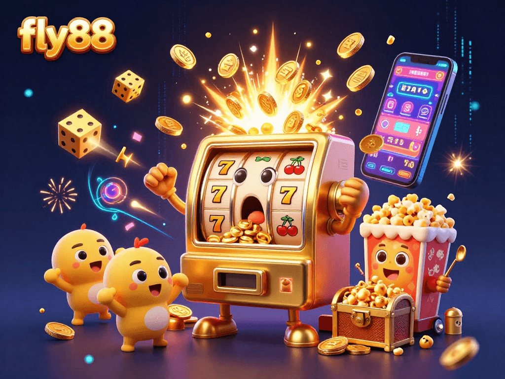 fly88 slot machine celebrates jackpot success with coins pouring out, depicting winning excitement in lively casino scene