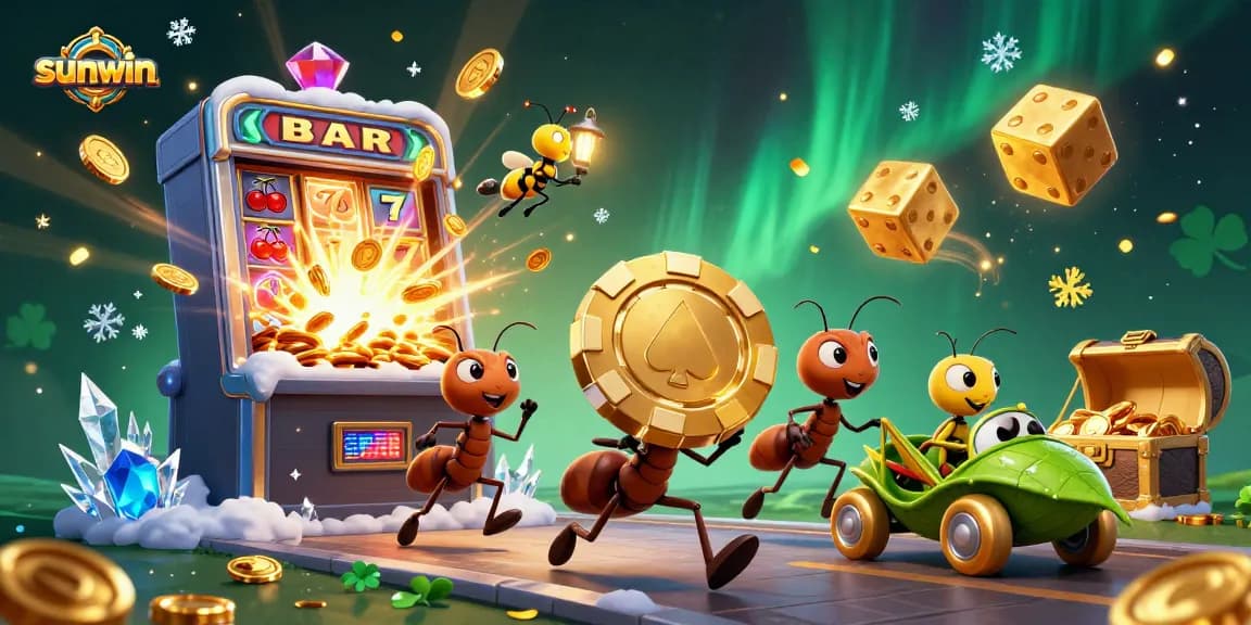 Sunwin players enjoying epic wins with animated characters in a vibrant casino heist scene.