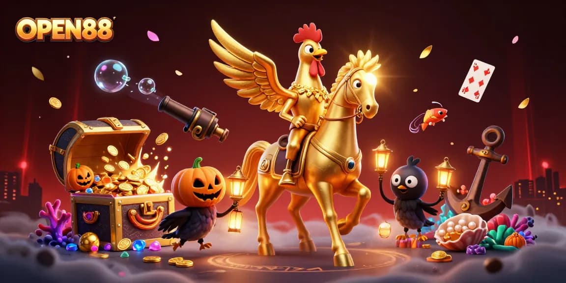 Engage in thrilling gameplay with OPEN88, featuring a unique golden rooster on a spectral horse amidst a vibrant casino.