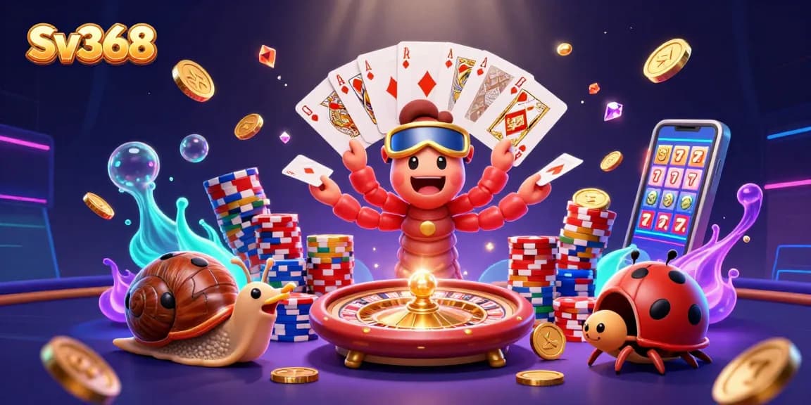 Experience the thrill of Sv368 in this dynamic casino illustration with animated characters and vibrant game elements.