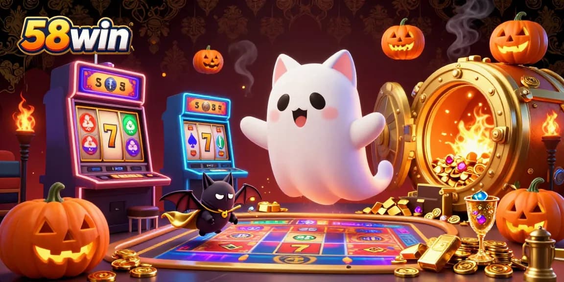 Experience the thrilling world of 58win, where a ghost cat and bat explore slot machines and glowing jackpots.