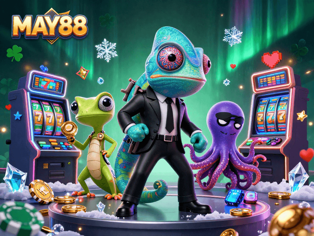 MAY88 brings excitement with a stylish secret agent chameleon, a tech-savvy gecko, and an octopus, capturing the thrill of slots.
