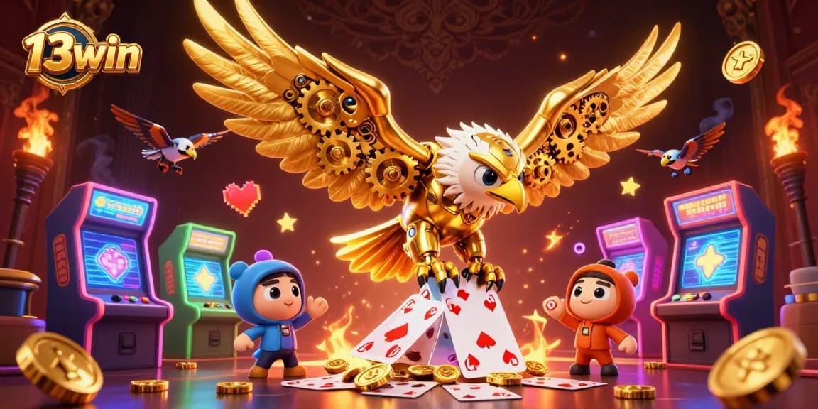 Experience the thrilling 13win dive into vibrant holographic cards with a golden eagle amidst dynamic casino elements.