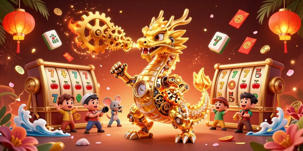 Aisa casino scene showing a golden dragon with cogs and gears, surrounded by celebratory gaming elements.