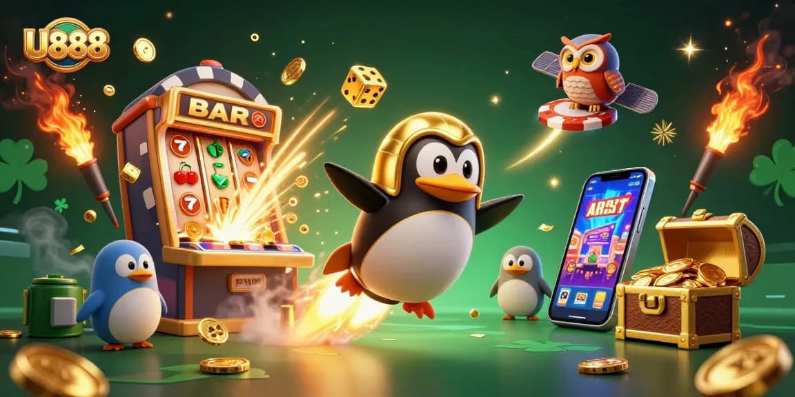 U888 showcases a cartoon penguin navigating a vibrant casino galaxy, filled with exciting game elements.