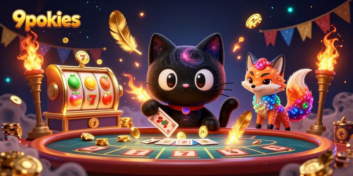 Experience the excitement of 9pokies with a cosmic casino scene featuring a magical black hole cat.