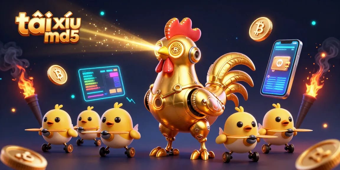 Engage with the thrilling gameplay of tài xỉu md5 amidst dazzling cryptocurrencies and robotic characters.