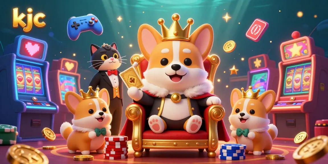 KJC's royal corgi king surrounded by casino gaming machines and vibrant elements, celebrating fun in 3D.
