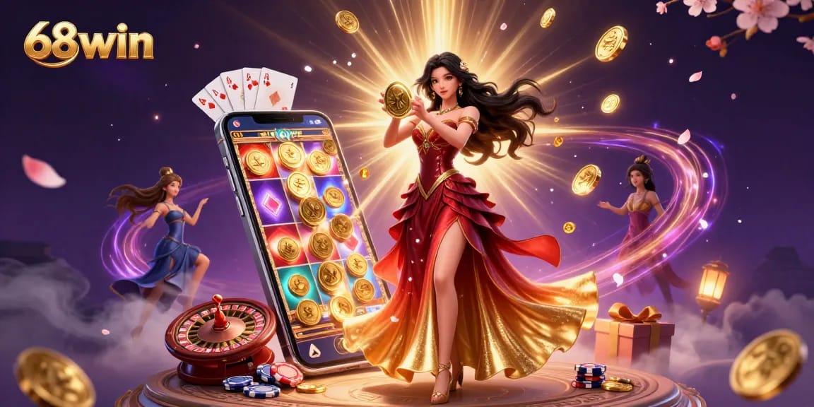 Experience the excitement of 68win with a stunning illustration featuring a woman holding a golden coin amidst casino elements.