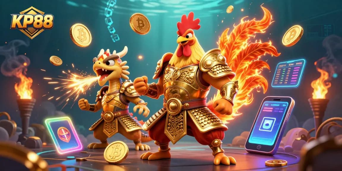 Experience thrilling gaming at KP88 with a powerful rooster warrior and gold sparks!