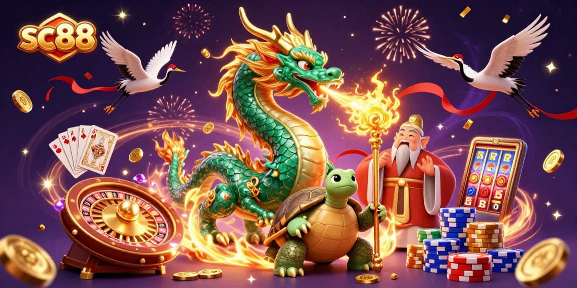 Engage with sc88 casino magic, featuring a jade dragon and turtle sage amid golden coins and colorful poker chips.
