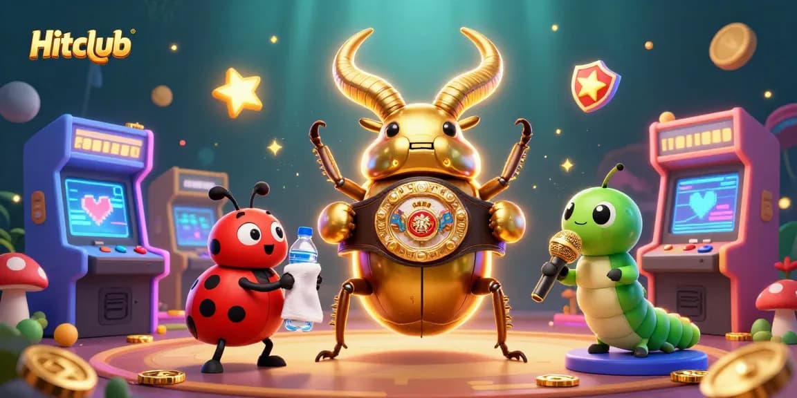 Experience the excitement of Hitclub with a golden stag beetle boxing champion in a vibrant casino scene.