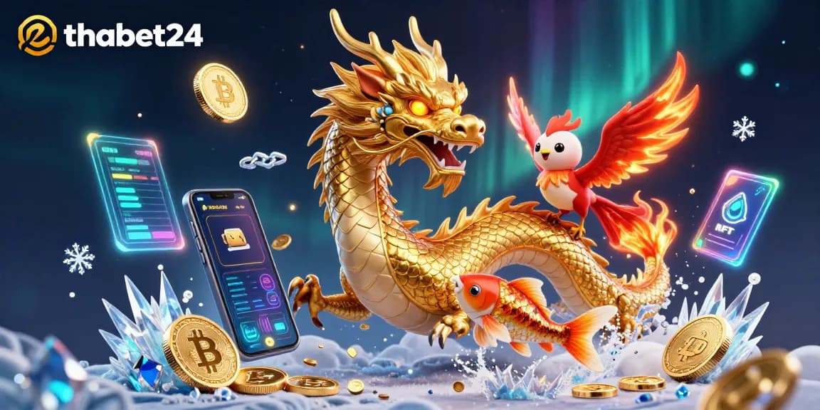 Experience thrilling gameplay at thabet24 with a dynamic scene of dragons, coins, and crypto elements.