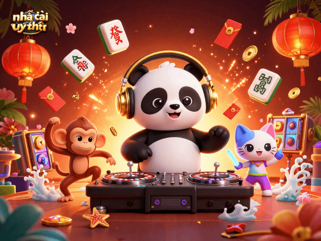 Spin and win at nhà cái uy tín with a vibrant casino-themed illustration featuring dynamic characters.