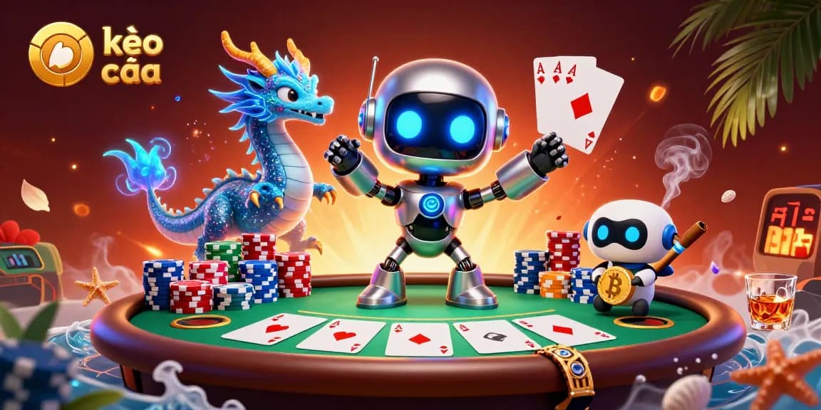 Engage in kèo nhà cái with a vibrant illustration of a cyberpunk robot and holographic dragon at a poker table.