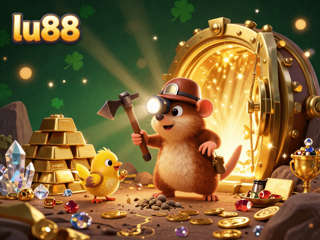 Experience the thrill of lu88 in this vibrant casino-themed scene with treasure hunters and treasures galore.