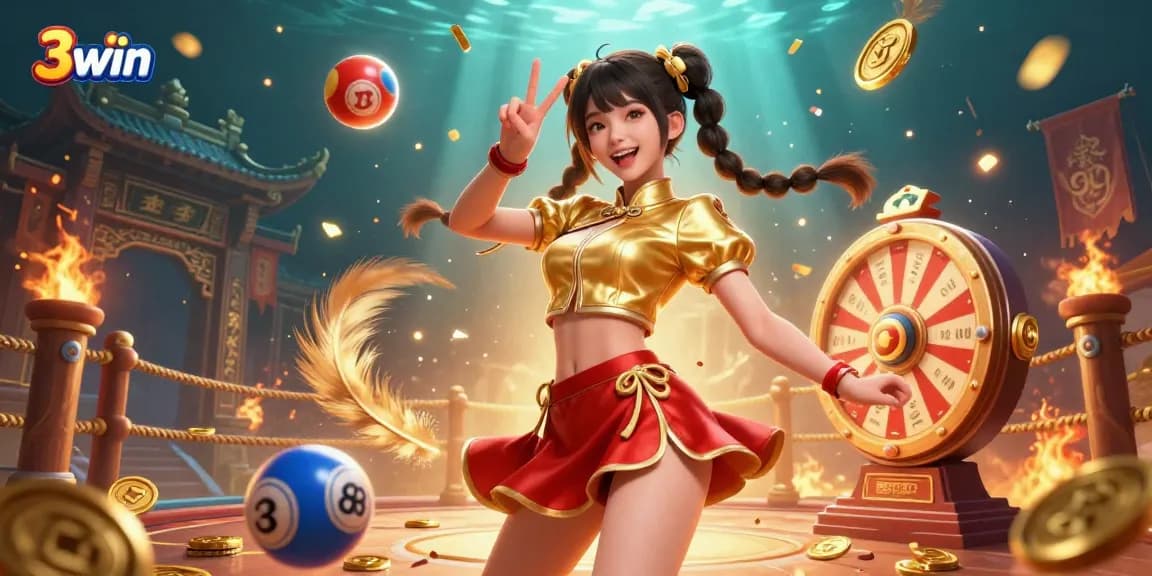 Engage with vibrant 3win gaming energy, featuring a lively casino scene filled with lottery balls and excitement.