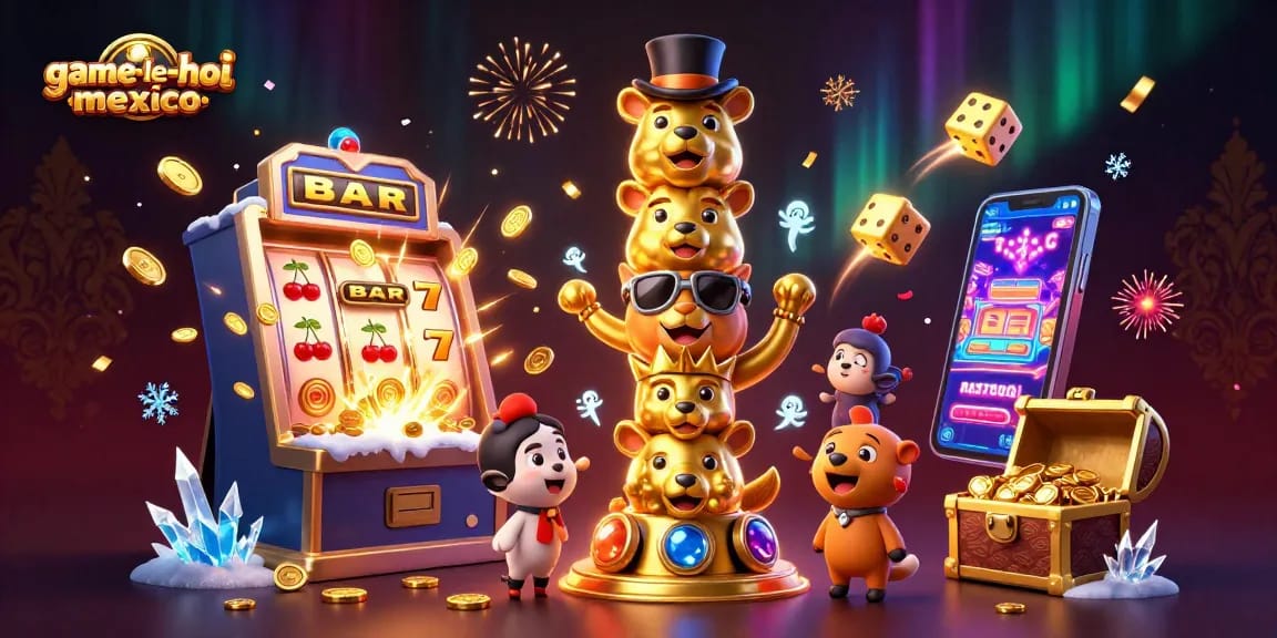 Experience the excitement of game-le-hoi-mexico with vibrant slot machine bursts and character animations.