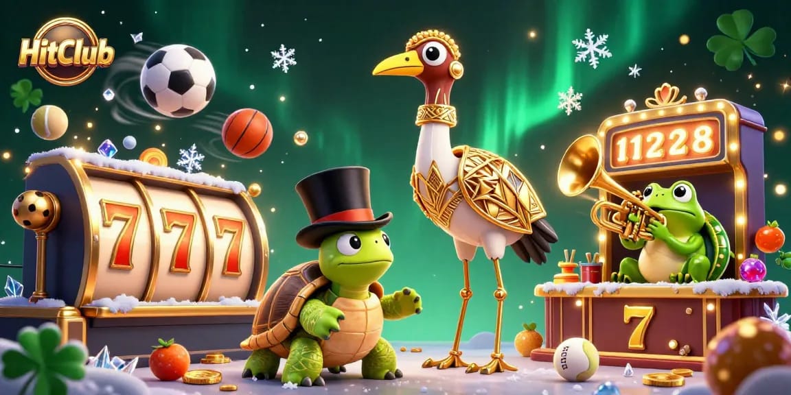 HitClub promotes excitement in a lively casino scene filled with vibrant slot reels and characters.