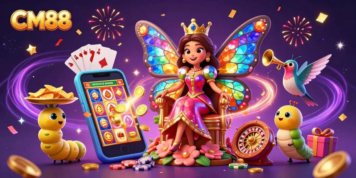 Engage with exciting slots at CM88 featuring a vibrant butterfly queen surrounded by dynamic game elements.