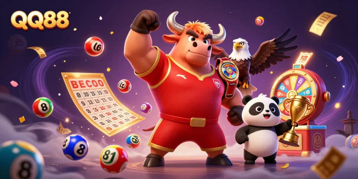 Experience thrilling gameplay with QQ88 as a cheerful panda celebrates a big win alongside powerful mascots!