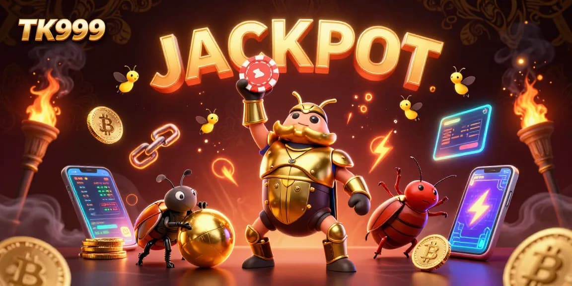 Light up your bets with TK999 as the victorious beetle celebrates a jackpot amid crypto elements!