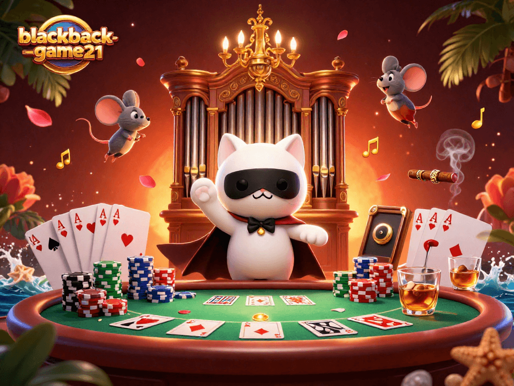 Engage in gameplay at blackjack-game21 with a vibrant casino scene featuring card elements.