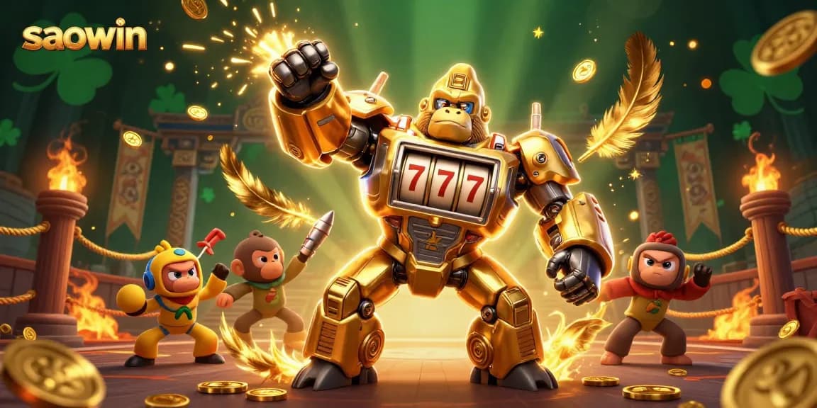 Experience winning with saowin in a vibrant casino scene featuring a golden gorilla mech and dynamic game elements.