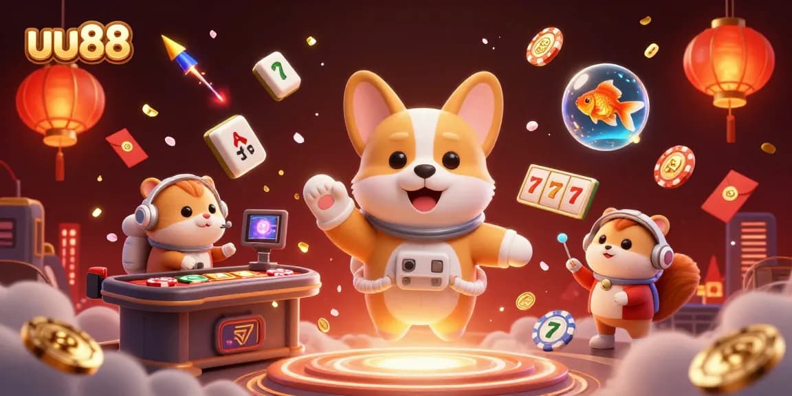 Play slots with uu88 in a dynamic space casino featuring a floating astronaut corgi and gold coins.