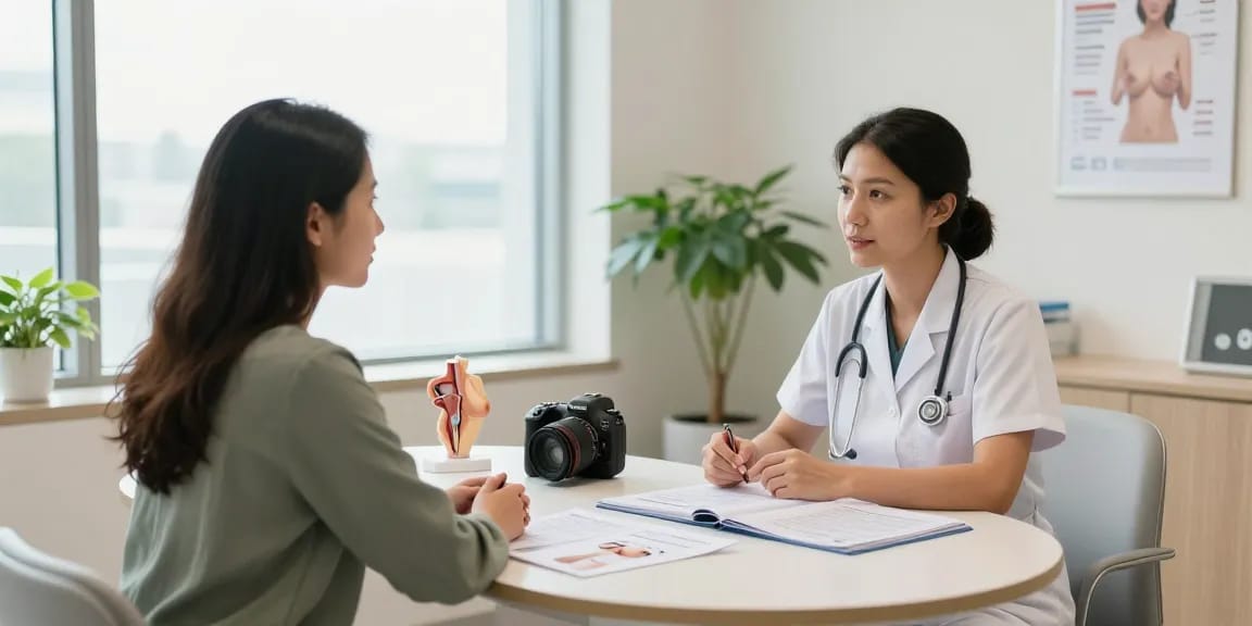 Consultation with a breast surgeon Abu Dhabi discussing treatment options in a welcoming clinic environment.