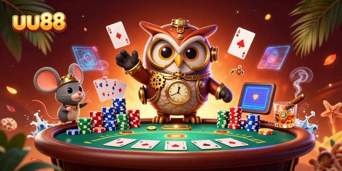 Engage in thrilling poker action with uu88’s colorful characters, golden chips, and vibrant casino elements.