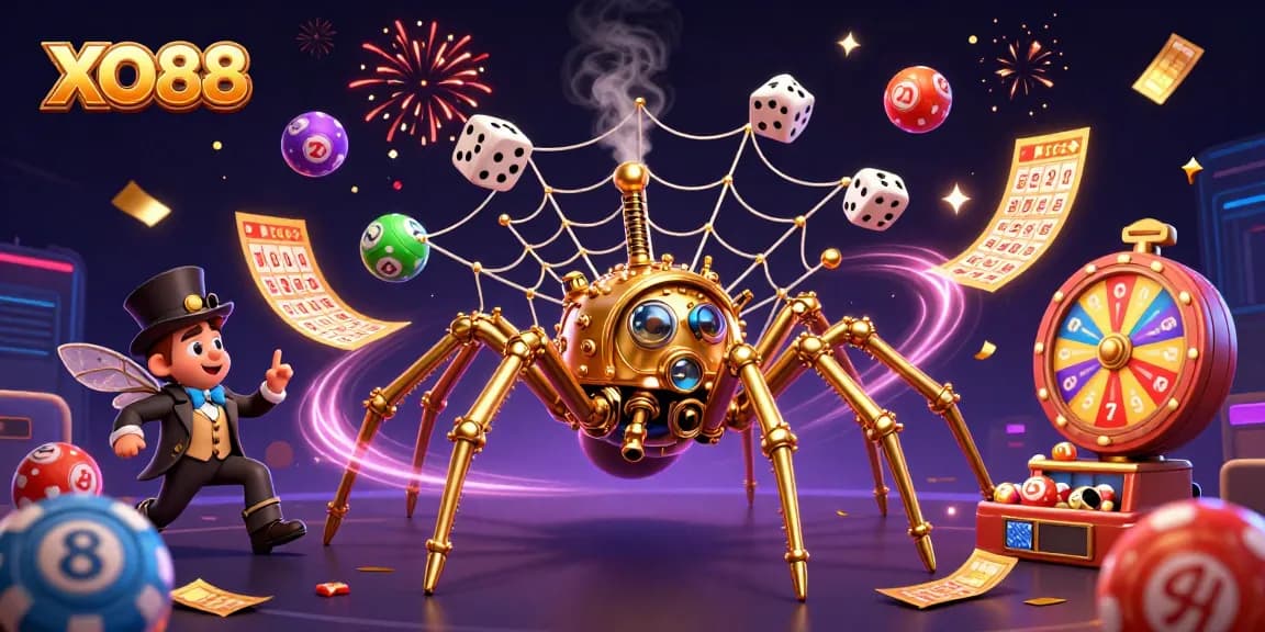 Spin with XO88, catching lucky dice in a vibrant casino web of gold and lottery excitement.