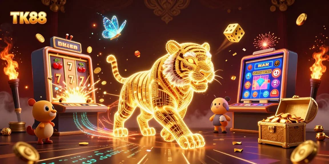 Join the excitement at TK88 as the golden tiger navigates a vibrant casino landscape.