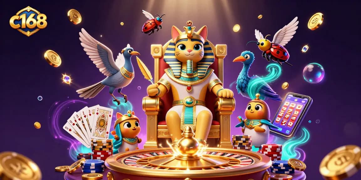 Experience the thrill of winnings with c168's captivating casino scene featuring an Egyptian pharaoh cat.