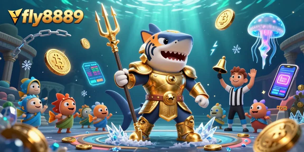 Experience excitement with fly8889 in a vibrant underwater casino scene featuring a tiger shark and crypto coins.