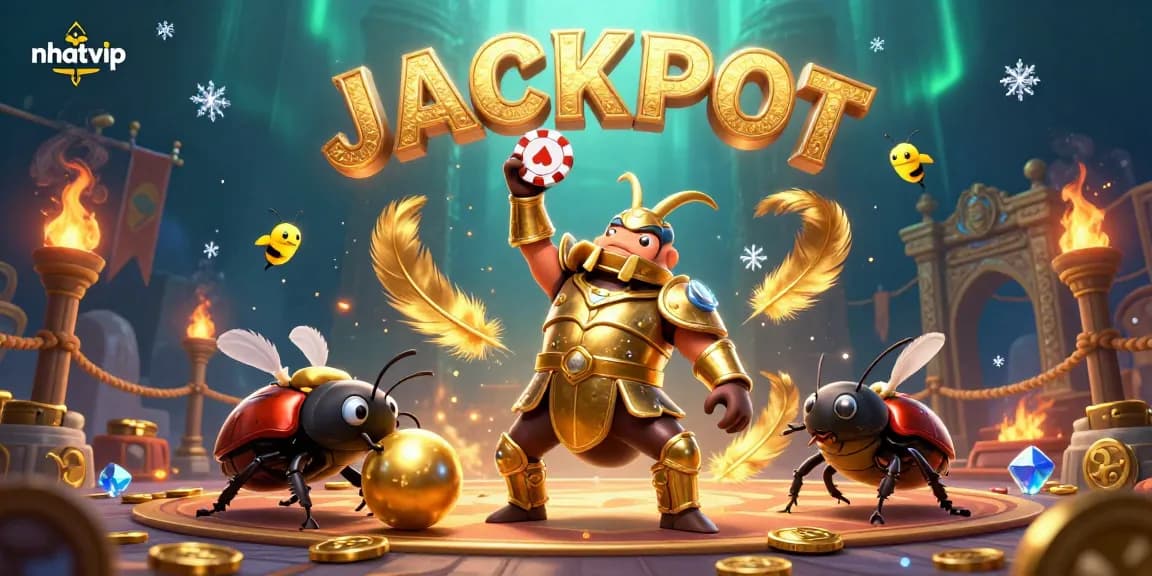 Nhatvip offers exhilarating gaming experiences with a vibrant 3D scene showcasing a victorious beetle, dynamic action, and jackpot themes.