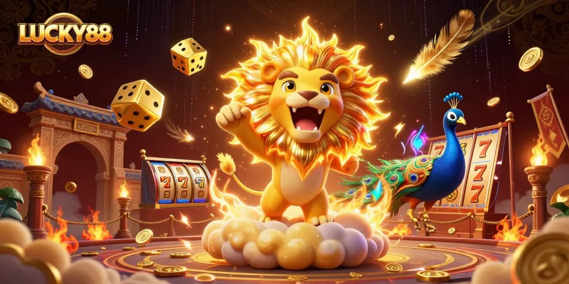 Spin the reels with LUCKY88, surrounded by vibrant symbols and a rich casino atmosphere.