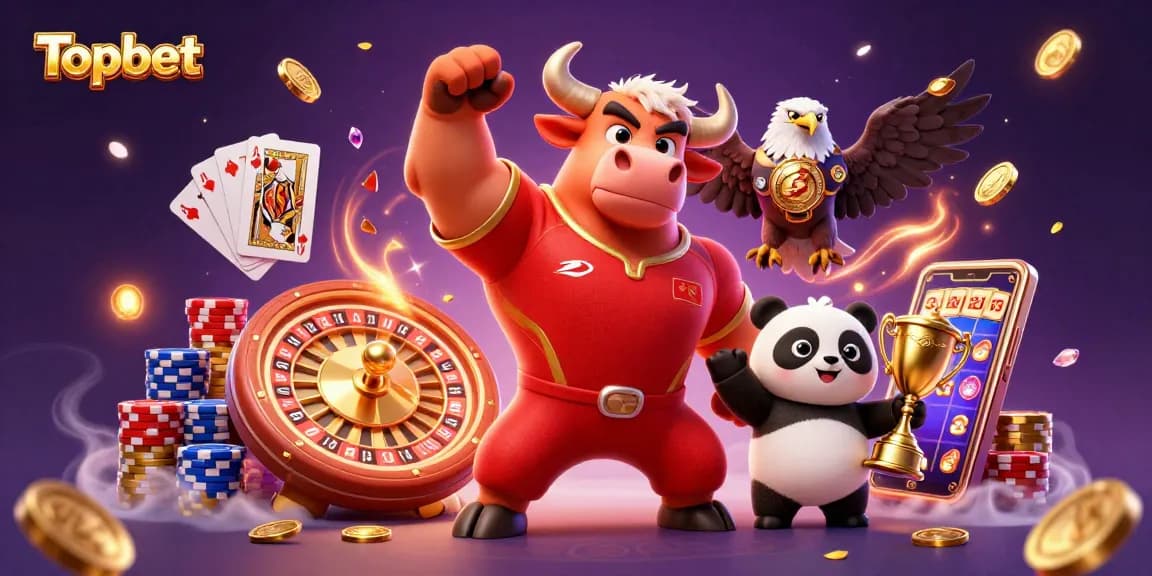 Topbet mascot celebrates victory with golden coins cascading in a vibrant casino scene.