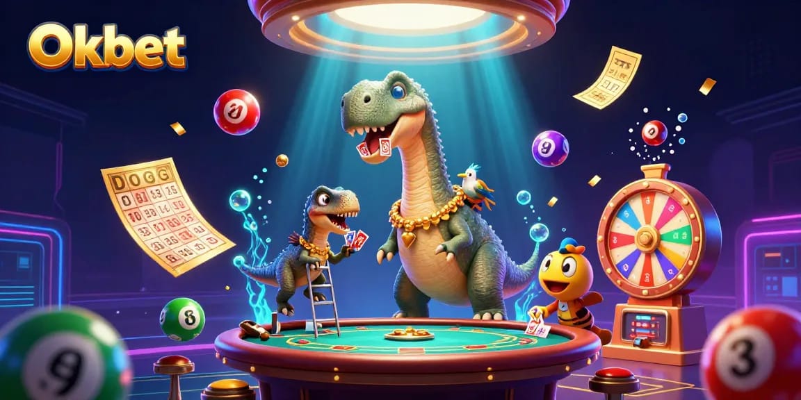 Engage with Oxbet at a vibrant casino scene featuring a giant brontosaurus overseeing a poker table.