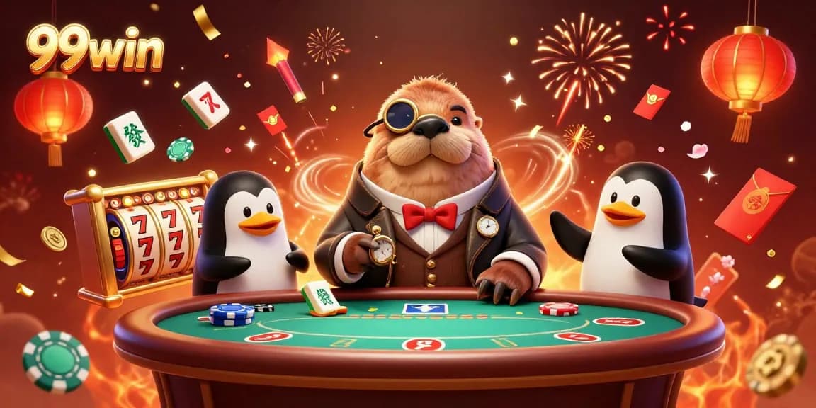 99win features a lively underwater poker scene with a jolly walrus, penguin dealer, and pufferfish player.