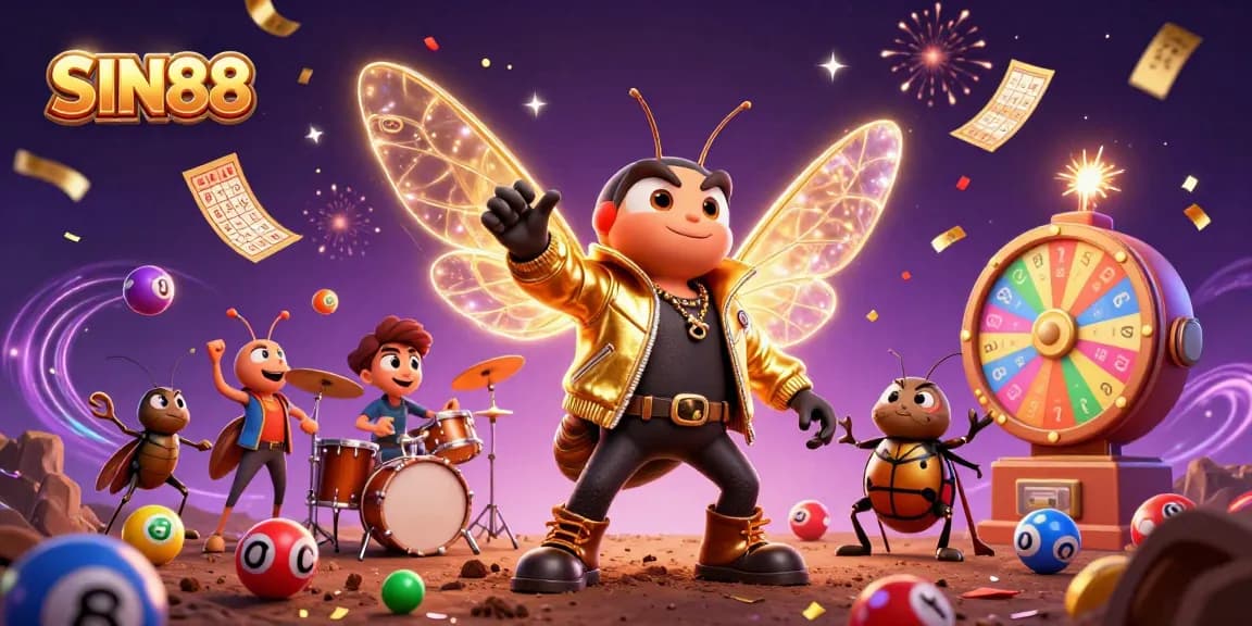 SIN88 showcases an electrifying casino scene with a cartoon cicada rock star and engaging gaming elements.