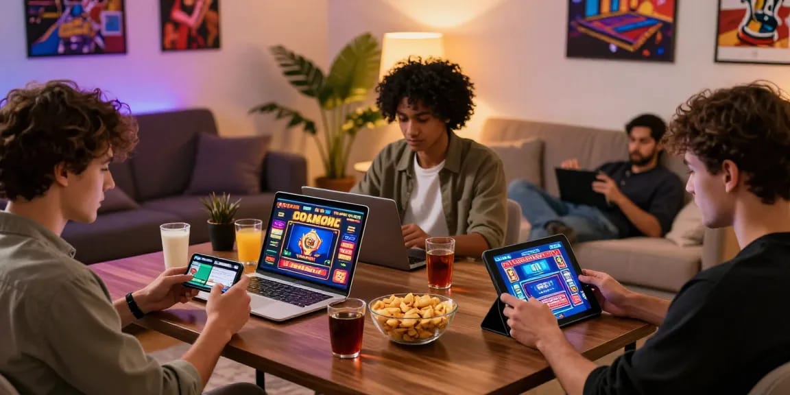 Players enjoying the experience of credit card deposit casinos while engaging on various devices in a lively home environment.