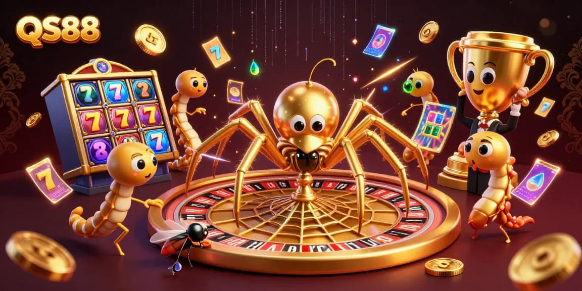 Experience QS88 casino thrills with a golden spider and centipede croupier in an immersive gambling scene.